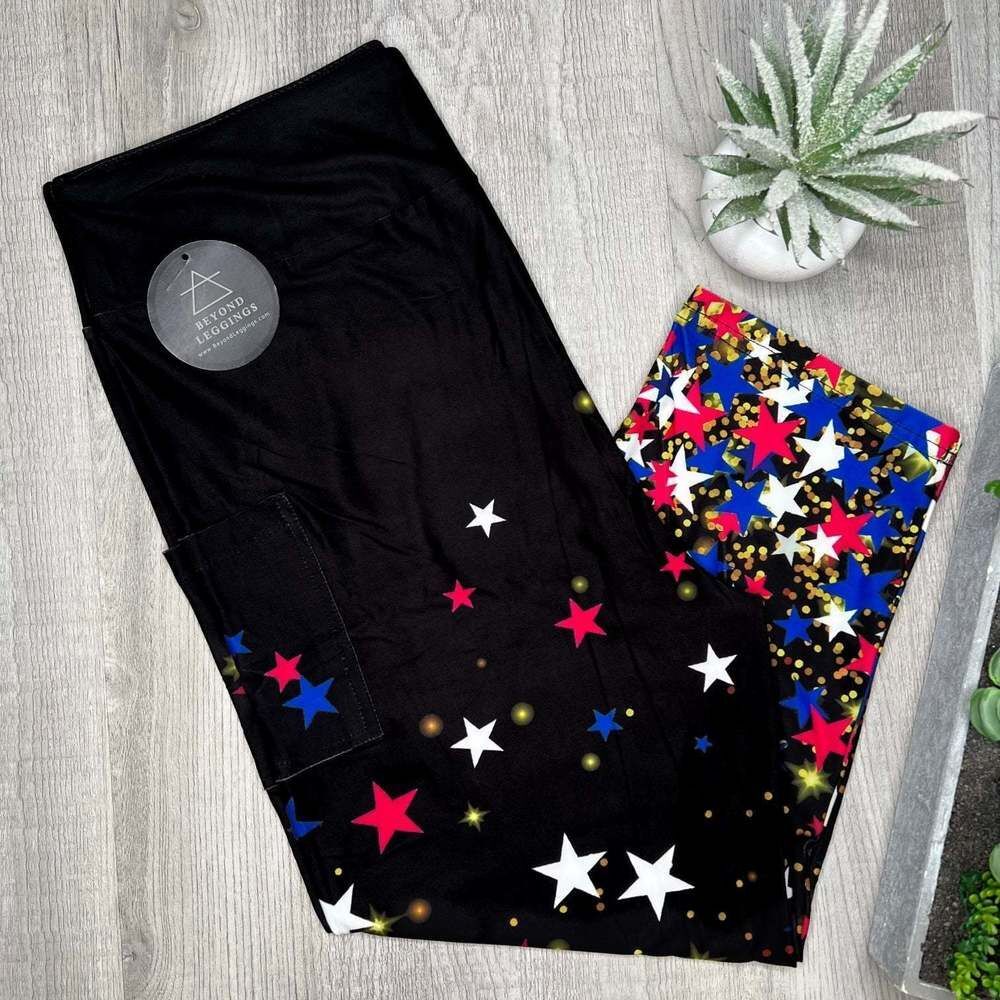 Falling Twinkle Star Print Capri Leggings w/ Pockets - Red White & Blue - Picture 2 of 4